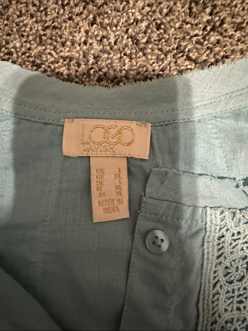 LOGO LAVISH Light Blue Lace-Trim Button Front Blouse 100% COTTON SZ L - Picture 3 of 9